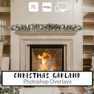 May include: A white, flocked Christmas garland with red berries and lights, draped over a fireplace mantel. The fireplace has a roaring fire and the text "CHRISTMAS GARLAND Photoshop Overlays" is displayed below the garland.