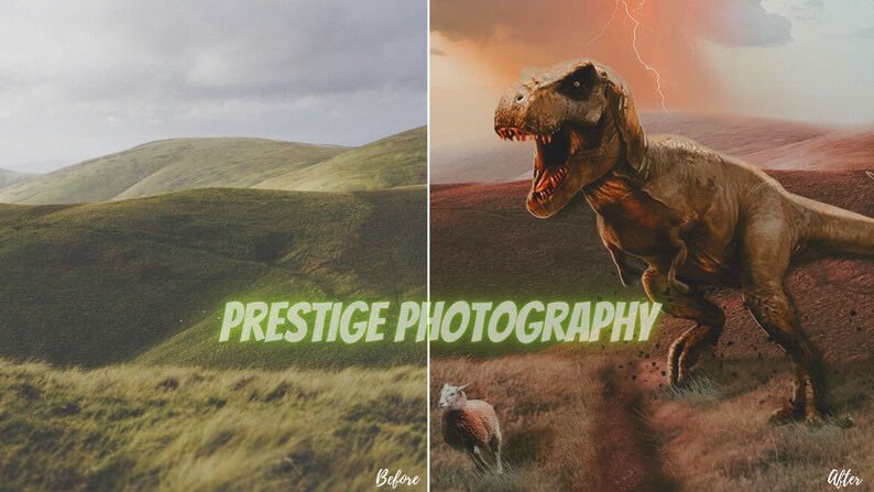 May include: A before and after image showing the power of photo editing. The before image shows a green grassy hill with a cloudy sky. The after image shows a T-Rex dinosaur in a field with a stormy sky. The text "PRESTIGE PHOTOGRAPHY" is in green letters across the bottom of the image.