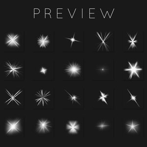 May include: A set of 20 white starburst light effects on a black background. The light effects are arranged in a grid of four rows and five columns.