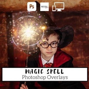 May include: A young boy dressed as a wizard casts a magic spell with a glowing orb of light. The image is labeled "MAGIC SPELL Photoshop Overlays".