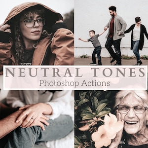 Puede incluir: Un collage de cuatro imágenes que muestran el uso de tonos neutres en la fotografía. Las imágenes presentan a una mujer con una chaqueta marrón, una familia caminando por una acera, una pareja tomándose de la mano y una mujer mayor sonriendo.