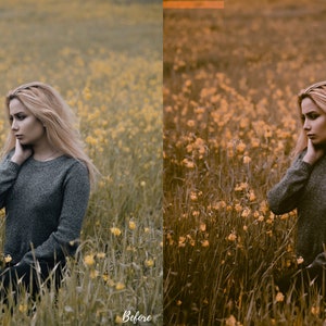 May include: A woman with long blonde hair sits in a field of yellow wildflowers. She is wearing a gray sweater and is looking down. The photo is taken from a low angle, so the woman's face is partially obscured by the flowers.