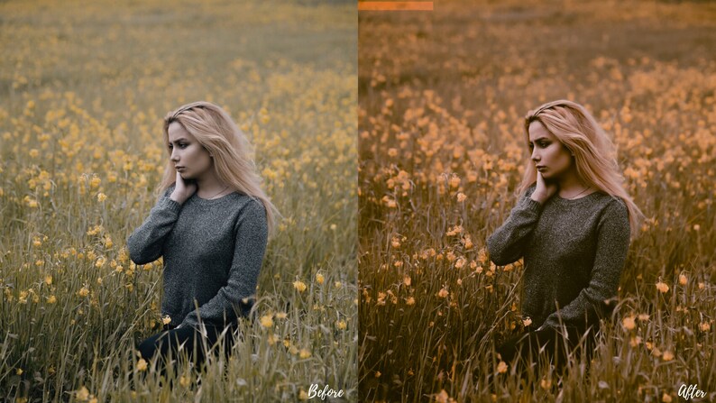 May include: A woman with long blonde hair sits in a field of yellow wildflowers. She is wearing a gray sweater and is looking down. The photo is taken from a low angle, so the woman's face is partially obscured by the flowers.