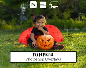 May include: A child dressed as a ladybug sits on the grass holding a carved pumpkin. The image is labeled "Pumpkin Photoshop Overlays".