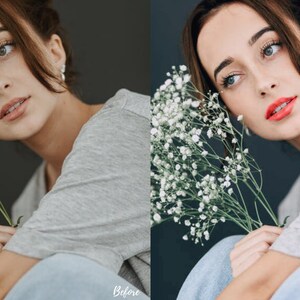 Pu&ograve; includere: Una donna con i capelli castani e le labbra rosse tiene un mazzo di fiori bianchi di respiro di bambino. Indossa una maglietta grigia e jeans blu.