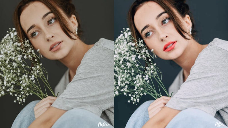 Pu&ograve; includere: Una donna con i capelli castani e le labbra rosse tiene un mazzo di fiori bianchi di respiro di bambino. Indossa una maglietta grigia e jeans blu.