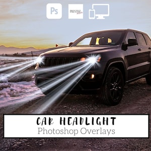 May include: A black SUV with bright headlights illuminating a dirt road. The image features the text "CAR HEADLIGHT Photoshop Overlays" in a white rectangular box. The background shows a sunset over a mountain range.