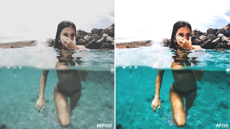 May include: A woman in a black swimsuit is submerged in turquoise water, with her hand covering her mouth. The water is clear and you can see the bottom of the pool. The woman is looking at the camera.