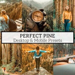 May include: A collage of images featuring a woman in a woodland setting. The images show the woman standing on a rock, walking on a path, and sitting on a wooden platform. The images are all in a warm, earthy colour palette. The text "PERFECT PINE Desktop & Mobile Presets" is displayed in the centre of the collage.