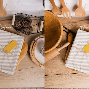 Puede incluir: Toma cenital de utensilios de cocina y decoraci&oacute;n sobre una superficie de madera. Incluye una servilleta de lino a rayas con una etiqueta amarilla, cuencos de madera, tablas de cortar, un rodillo y una cesta de alambre con pi&ntilde;as.