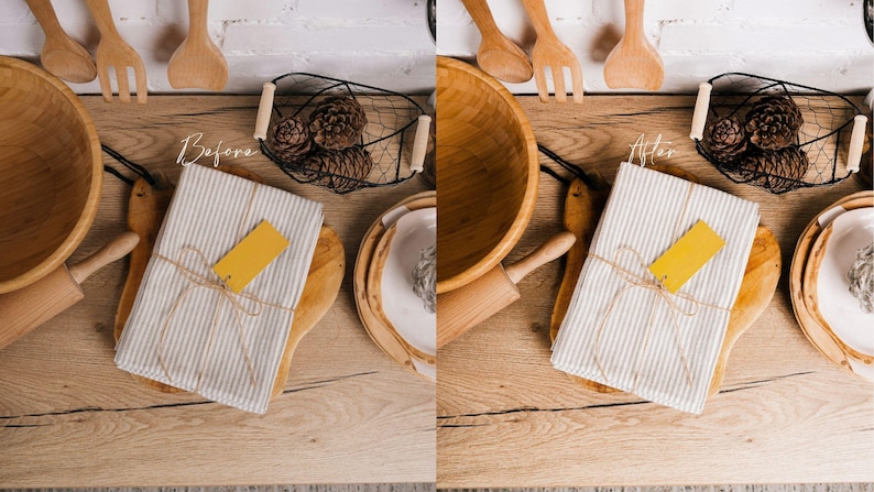 Puede incluir: Toma cenital de utensilios de cocina y decoraci&oacute;n sobre una superficie de madera. Incluye una servilleta de lino a rayas con una etiqueta amarilla, cuencos de madera, tablas de cortar, un rodillo y una cesta de alambre con pi&ntilde;as.