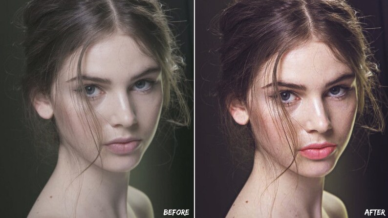 Pu&ograve; includere: Un'immagine prima e dopo del viso di una donna. L'immagine a sinistra mostra il viso della donna senza trucco. L'immagine a destra mostra il viso della donna con il trucco applicato. Il trucco include fondotinta, blush, ombretto, eyeliner e rossetto.