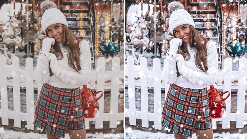 May include: A woman wearing a white knit sweater, a red and green plaid skirt, a white knit hat with a fluffy pom pom, and white gloves. She is standing in front of a white picket fence with snow falling around her.