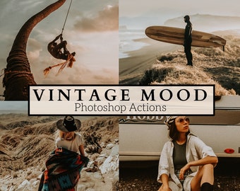 May include: A collage of four images showcasing a vintage aesthetic. The top left image shows a person swinging on a rope swing against a sunset sky. The top right image shows a person holding a surfboard on a beach. The bottom left image shows a person wearing a hat and a blanket standing on a mountaintop. The bottom right image shows a person wearing a white shirt and sunglasses sitting on a bench.