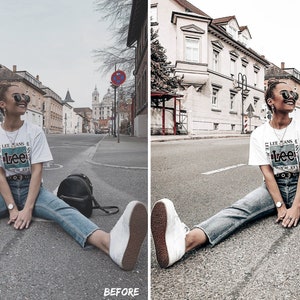 Peut inclure: Une femme portant un t-shirt blanc avec le texte "Lee Jeans" et un logo vert, un jean bleu, des baskets blanches et des lunettes de soleil est assise sur une rue de la ville. Elle porte une ceinture noire et un sac &agrave; dos noir.