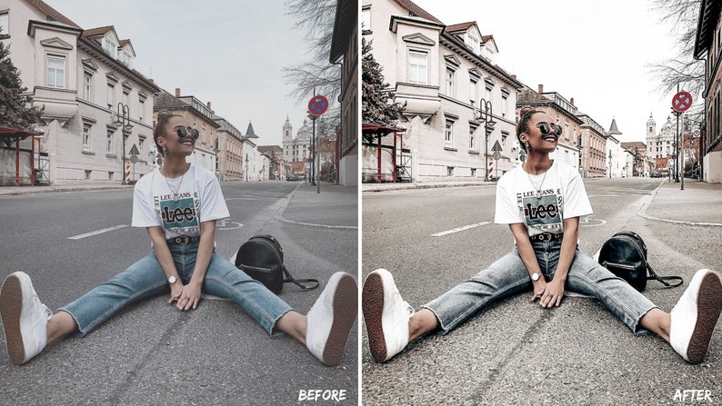 Peut inclure: Une femme portant un t-shirt blanc avec le texte "Lee Jeans" et un logo vert, un jean bleu, des baskets blanches et des lunettes de soleil est assise sur une rue de la ville. Elle porte une ceinture noire et un sac &agrave; dos noir.