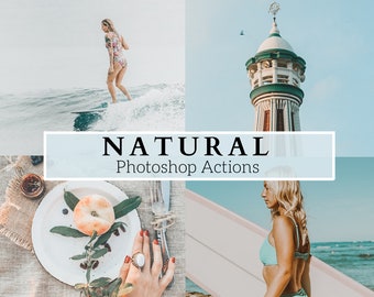 May include: A collage of four images featuring a woman surfing, a peach on a plate, a woman in a swimsuit, and a white and green lighthouse. The text "NATURAL Photoshop Actions" is displayed in the center of the collage.