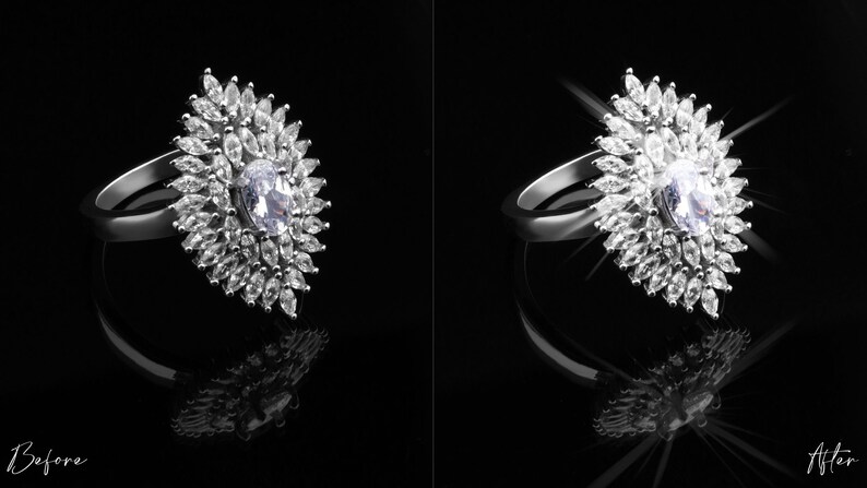 May include: A silver ring with a large, oval-shaped diamond surrounded by smaller diamonds. The ring is set against a black background and is reflecting light.