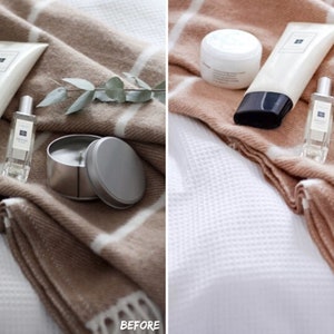Cozy product photo of a candle and hand cream placed on a bed, edited with bright and clean Lightroom presets for warm, inviting ecommerce visuals.