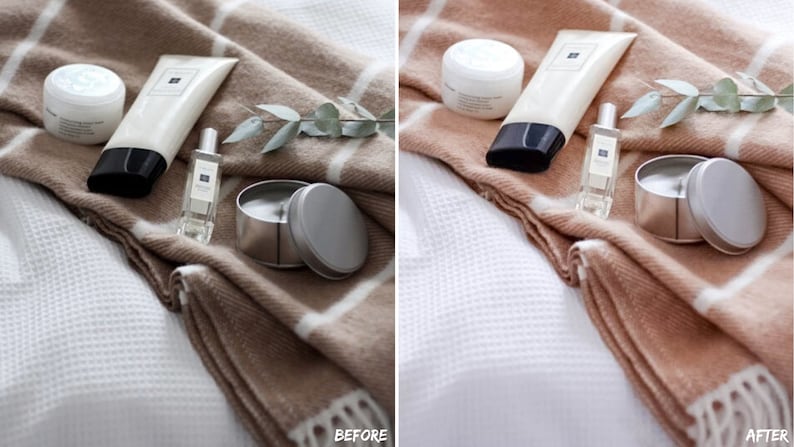 Cozy product photo of a candle and hand cream placed on a bed, edited with bright and clean Lightroom presets for warm, inviting ecommerce visuals.