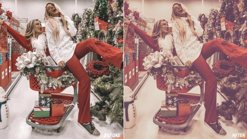 May include: Two women are laughing while riding in a shopping cart decorated with Christmas greenery and gifts. The cart is in a store aisle with Christmas trees and other decorations in the background.