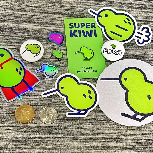 FIDST | Super Kiwi Poot | Buttons, Pins, Stickers, & Coasters | Art by Jushmu