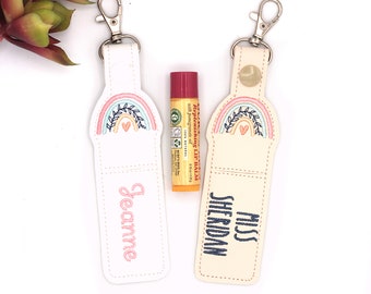 Personalized Lip Balm Holder, Boho Rainbow with Leaves Monogrammed Lip Balm Key Chain, Lanyard or Bag Accessory, Teacher Appreciation Gift