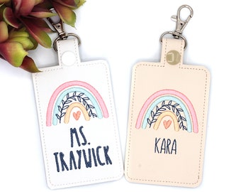 Personalizable Custom Rainbow Badge Holder, Personalized Boho Rainbow Vertical ID Card Protector Case, Lanyard Accessory, Teacher Gift