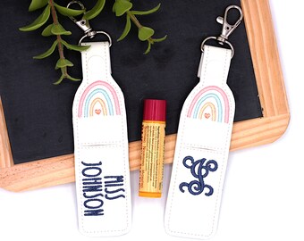 Personalized Boho Rainbow Lip Balm Holder, Custom Monogrammed Lip Balm Key Chain Case, Lanyard or Bag Accessory, Teacher Appreciation Gift