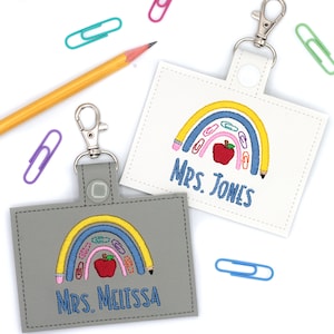 Custom School Supplies Rainbow Badge Holder, Personalized Boho Rainbow Horizontal ID Card Protector Case, Lanyard Accessory, Teacher Gift