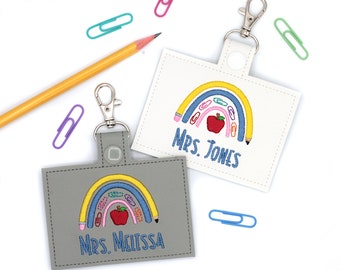 Custom School Supplies Rainbow Badge Holder, Personalized Boho Rainbow Horizontal ID Card Protector Case, Lanyard Accessory, Teacher Gift