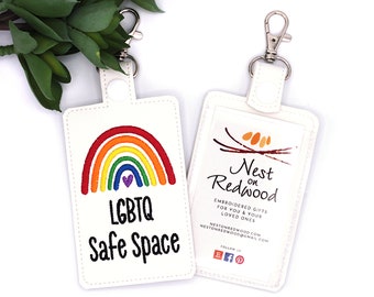 LGBTQ Safe Space Badge Holder, Boho Rainbow Vertical ID Card Protector Case, Lanyard Accessory, Teacher School Counselor Gift