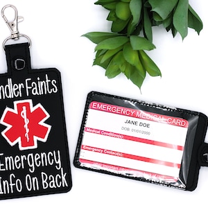 May include: Black medical ID tag with the text "Handler Faints Emergency Info On Back" and a red medical symbol. Includes a clear plastic sleeve with an emergency medical card. The card has the name "JANE DOE" and date of birth.