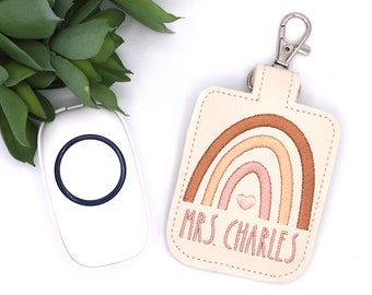 Personalized Neutral Browns Boho Rainbow Classroom Doorbell Holder, Class Clicker Case, Teacher Lanyard Accessory, Teacher Gift