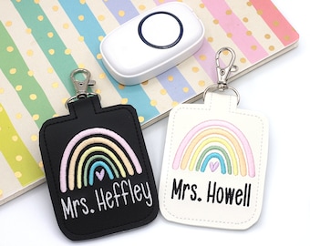Personalized Boho Rainbow Classroom Doorbell Holder, Pastel Colors Rainbow Class Clicker Case, Teacher Lanyard Accessory, Teacher Gift