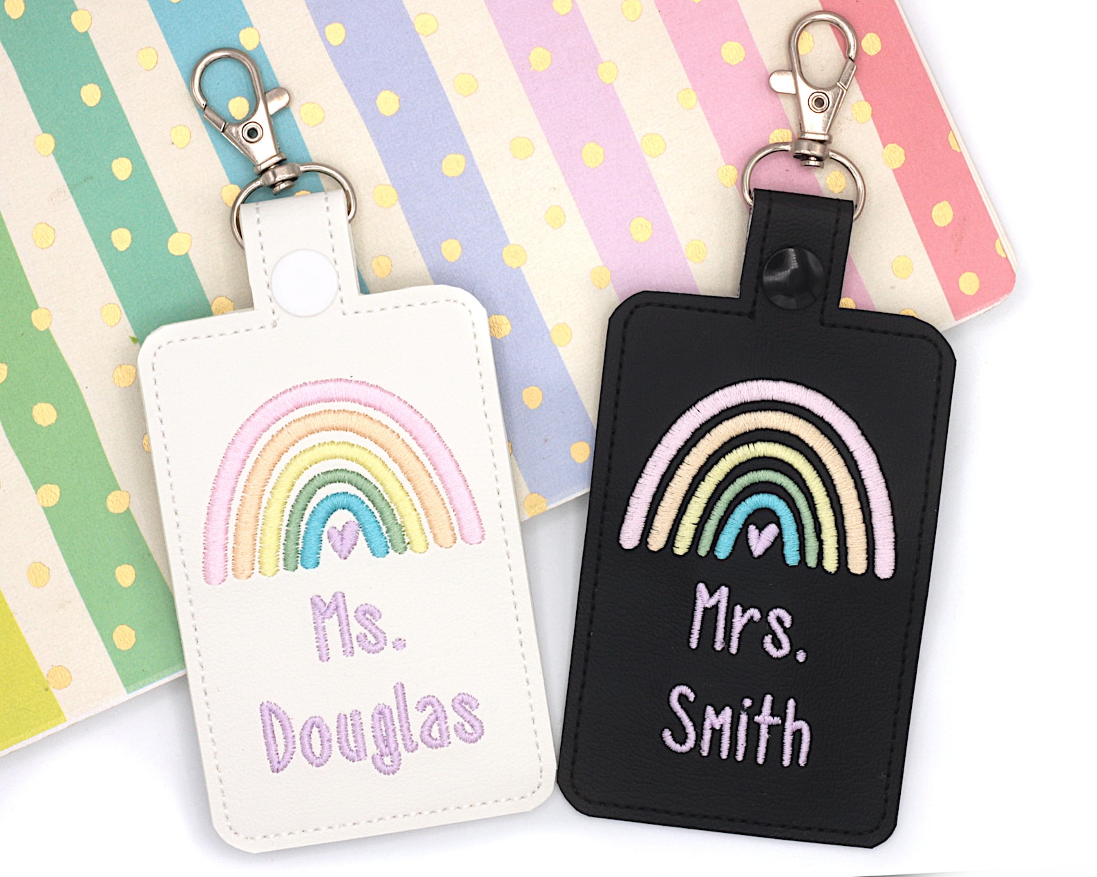 Pastel Rainbow Badge Holder, Personalized Primary Color Boho Rainbow Vertical ID Card Protector Case, Lanyard Accessory, Teacher Gift