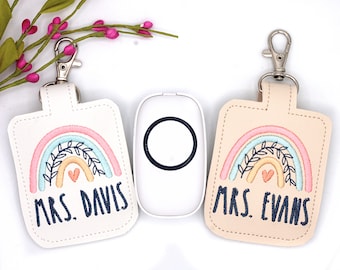 Personalized Boho Rainbow with Leaves Classroom Doorbell Holder, Pink & Blue Boho with Heart Bell Case, Lanyard Accessory, Teacher Gift