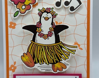 Handmade Birthday Card - Dancing Hula Penguin - Wobble Action Card - interactive