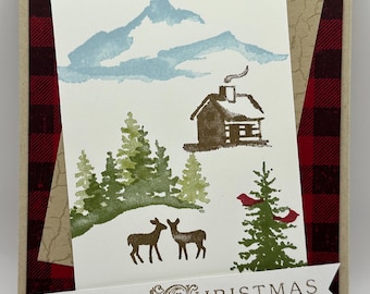 Handmade Christmas Card - watercolor look - winter cabin