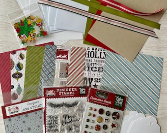 DIY Christmas Card Making Kit: Echo Park Stamp set, Stencil, Brads