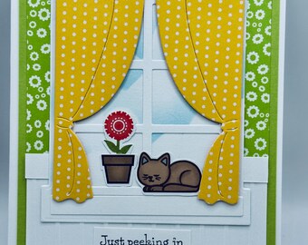 Handmade Greeting Card - Cat on windowsill - Just Because - Friendship - Thinking of you