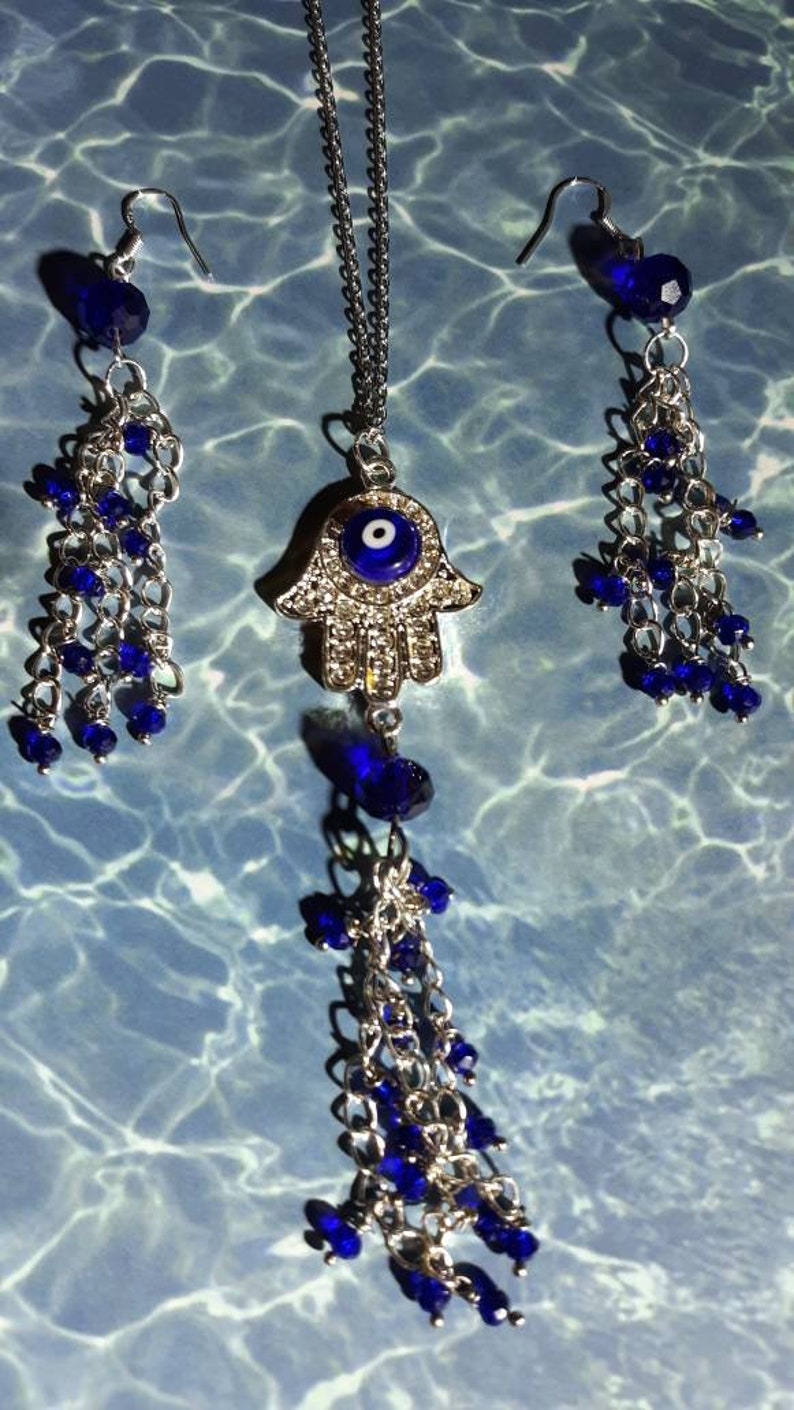 Hamsa hand pendant necklace and earrings set protection Gifts for her