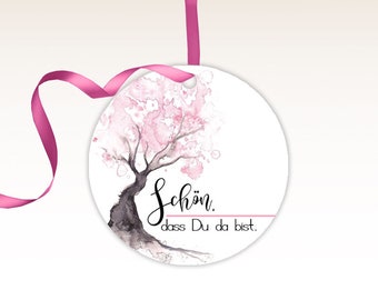 Anhänger für Gastgeschenke "Anja", Hochzeit, Lebensbaum, edel, Gastgeschenkanhänger, Taufe, Geburtstag, Ø 40mm, Aquarell, rosa