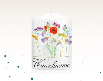 Gastgeschenk Kerze "Bianca", Kerze, Hochzeit, Taufe, Gastgeschenk mit Namen, Namenskarte, Platzkarte, Blumenwiese, Tischkarte zur Hochzeit