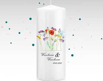 Hochzeitskerze "Bianca", Traukerze, Kerze, Hochzeit, Blumenwiese, Blumen, Mohnblume, Hochzeitskerze mit Namen, personalisiert