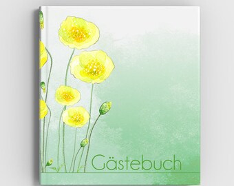 Gästebuch zur Hochzeit "Babette" Landhaushochzeit, Mondblumen gelb, leere Seiten, quadratisch 21x21cm, Aquarell