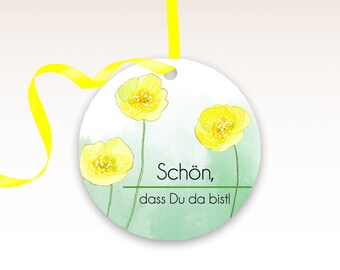 Anhänger für Gastgeschenke "Babette", Hochzeit, Landhaushochzeit, Gastgeschenkanhänger, Taufe, Geburtstag, Ø 40mm, gelb, Mondblumen