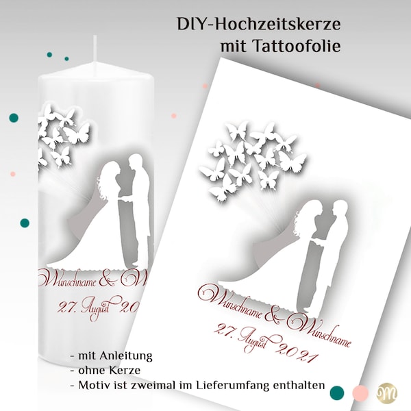 Tattoofolie für Hochzeitskerze "Pauline" DIY-Hochzeitskerze, bedruckte Wasserschiebefolie, Hochzeitskerze selber machen