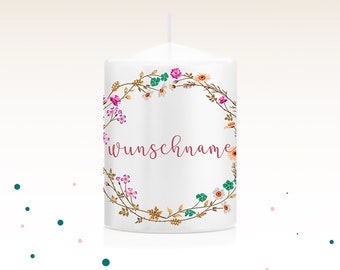 Gastgeschenk Kerze "Beatrice", Kerze, Hochzeit, Taufe, Gastgeschenk mit Namen, Namenskarte, Platzkarte, Blumenkranz, Tischkarte zur Hochzeit