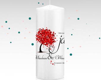 Hochzeitskerze "Janine", Traukerze, Kerze, Hochzeit, Baum, rot, Hochzeitskerze mit Namen, personalisiert, Herzbaum